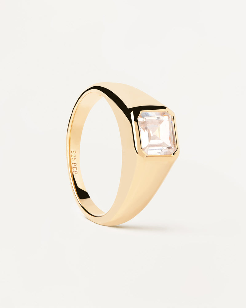 Gold-plated silver statement  ring with square white zirconia