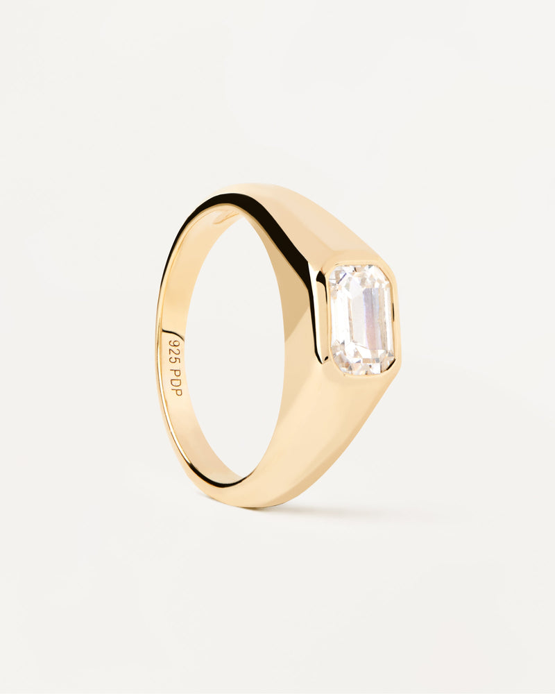 Gold-plated silver statement ring with rectangular white zirconia