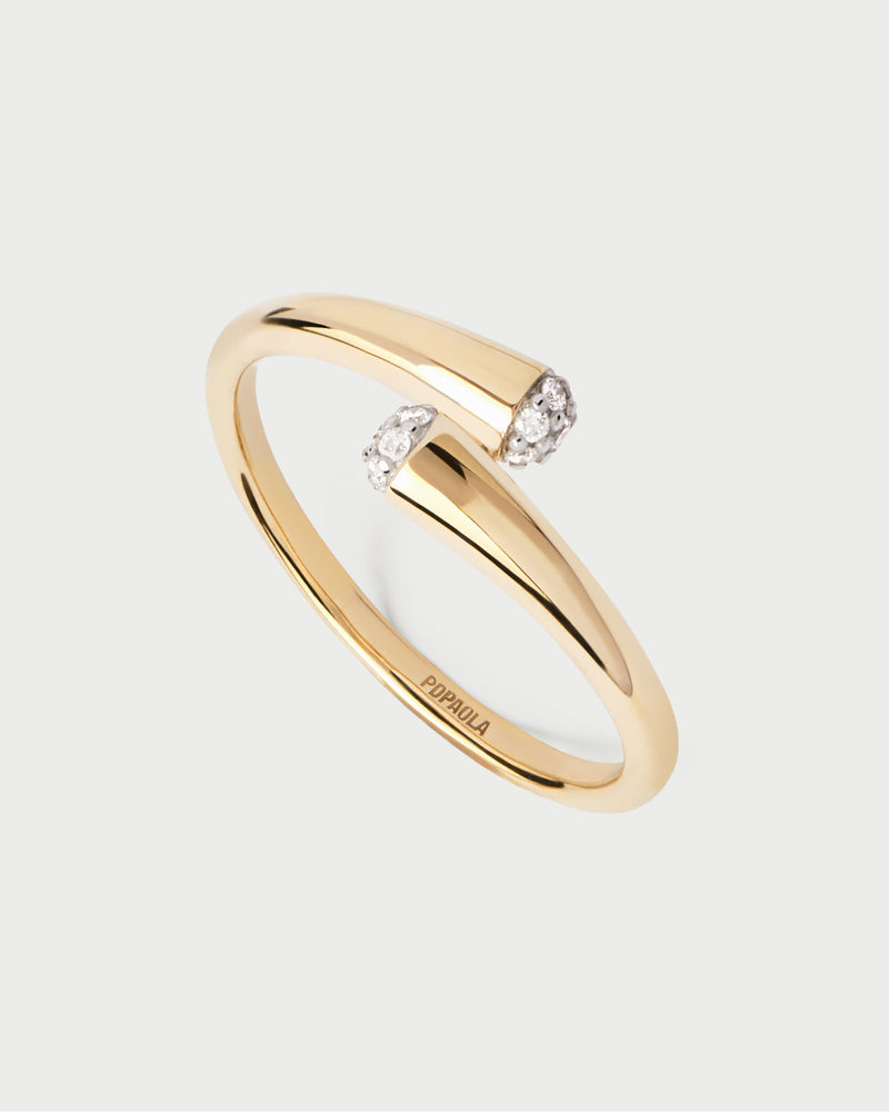 Sculptural bypass ring with two overlapping bands set with pavé lab-grown diamonds