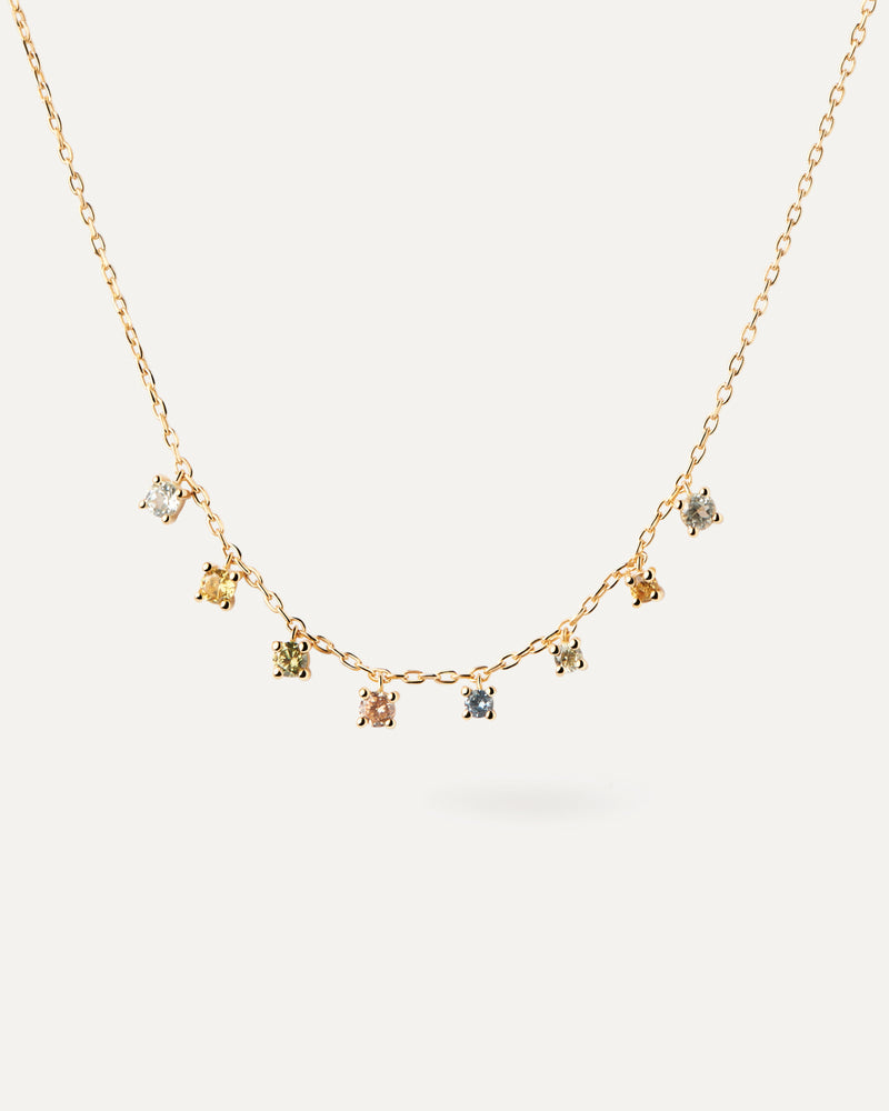 Gold-plated chain necklace with eight multicolor zirconia pendants