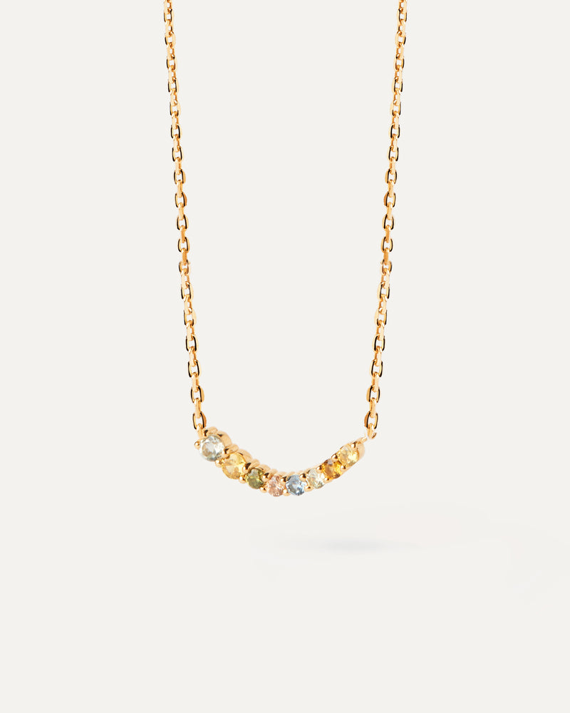 Gold-plated dainty necklace with a wavy set of multicolor cubic zirconias