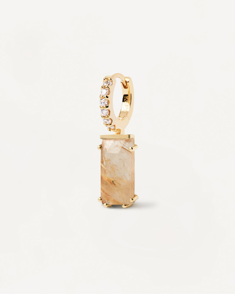 Gold-plated hoop ear piercing with white zirconia and beige rectangular gemstone pendant