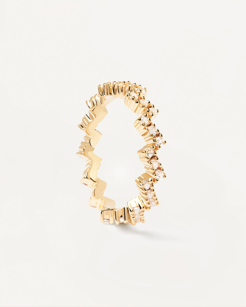 Zigzag gold-plated ring set with white zirconia