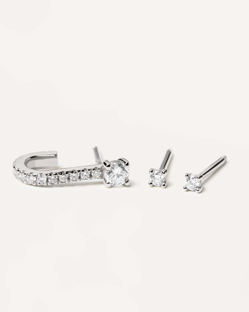 18K white gold earring set made of 2 diamond studs and a diamond wrapper, making 0.29 carats