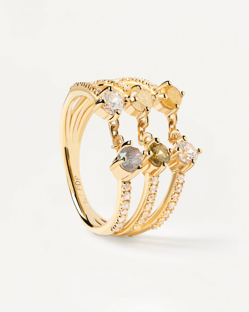 Gold-plated ring with 3 bars and gemstones