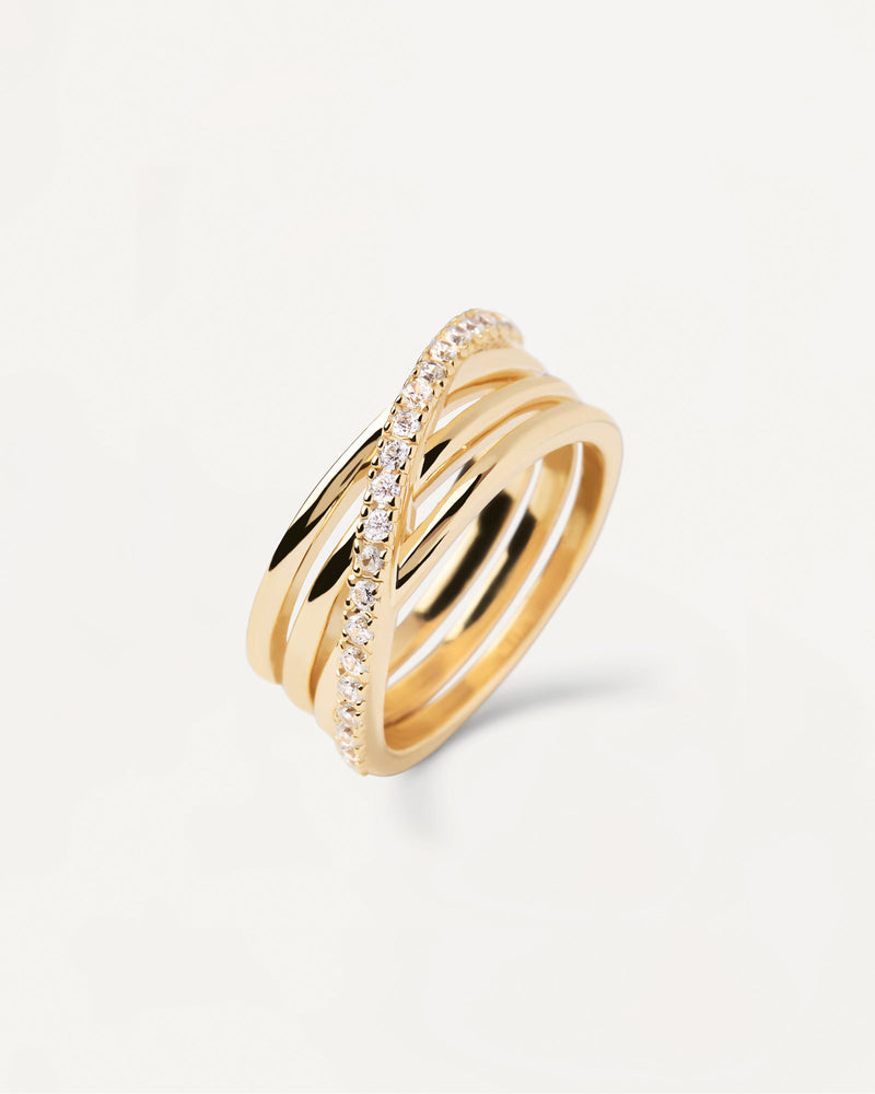 Gold-plated statement silver ring with 4 bars and white zirconia
