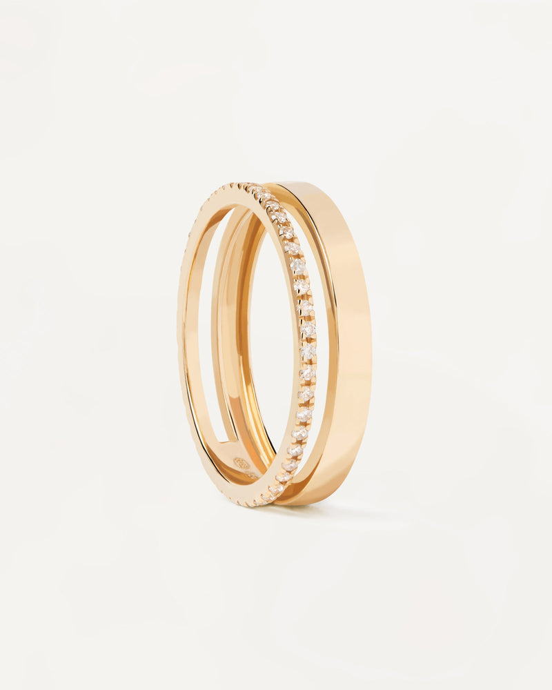 Solid yellow gold ring with two bands: plain & lab-grown diamond band of 0.23 carat