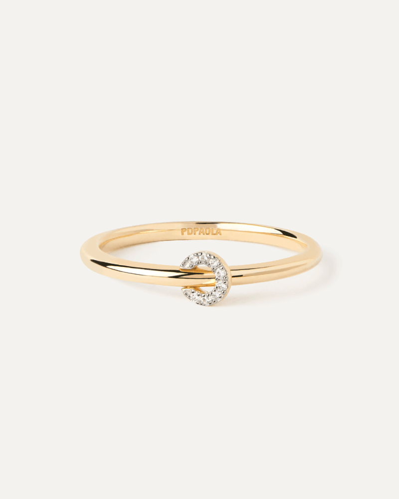 Solid yellow gold ring topped with a swinging circle set with lab-grown diamonds